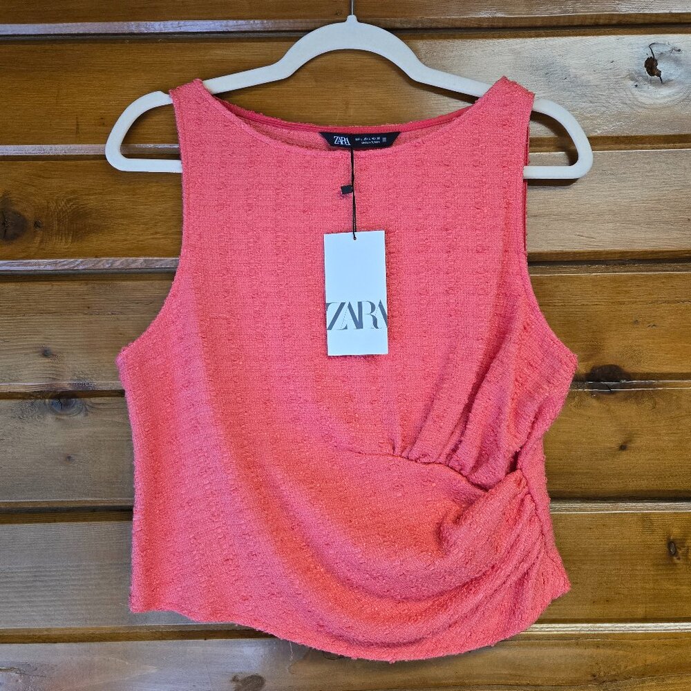 Zara NWT Tweed Rouched Sleeveless Dressy Top Coral Size L